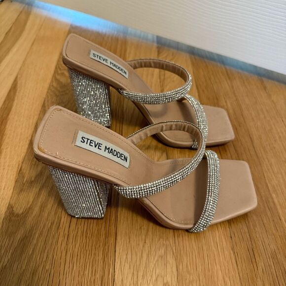 Steve Madden Blaker Slide Square Toe Block Heel Rhinestone Heels - Picture 3 of 7